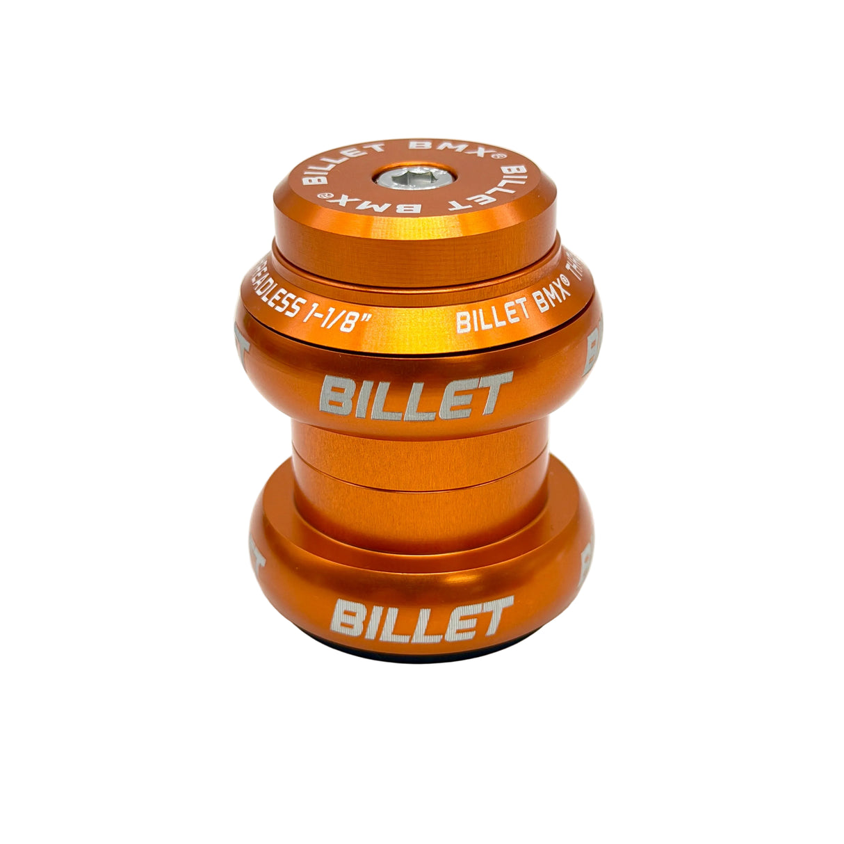 An orange anodized aluminum bicycle headset with 'BILLET' branding in silver, shown on a clean white background.