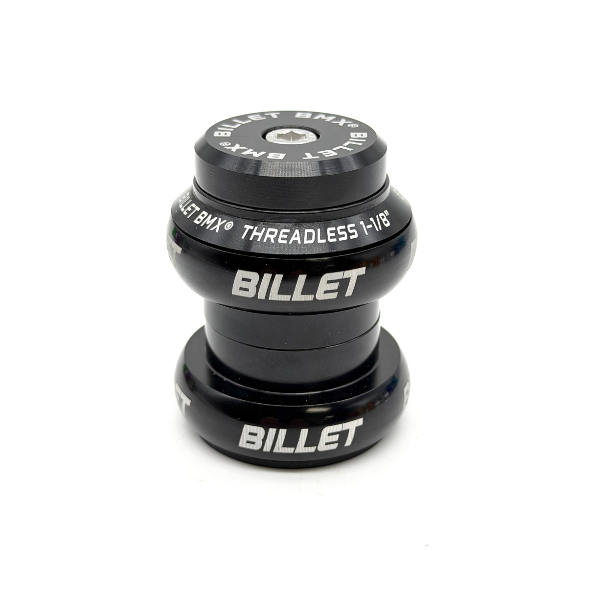A black Billet BMX threadless headset, model 1-1/8, shown on a clean white background. The headset features white printed branding and text on its anodized metal components.