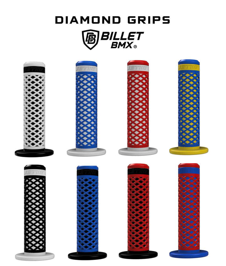BILLET BMX HANDLEBAR GRIPS DIAMOND PATTERN WITH FLANGE HANDLE BAR ENDS BIL-GRIP-DIA-FLANGE-BLK-RED