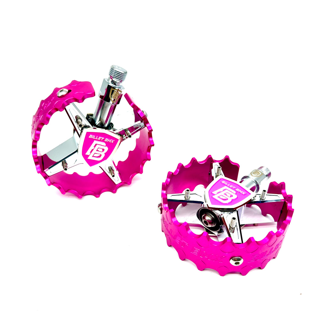 BILLET BMX SHIELD CHROME PRO SERIES ROUND PEDAL SET 9/16 PEDALS BIL-PED-RND-SHIELD-CHR-RED