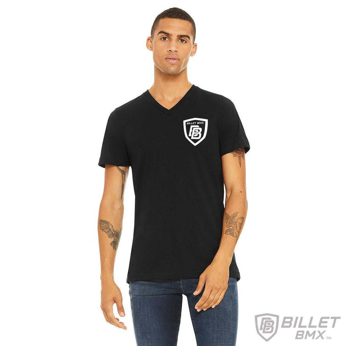 MENS BILLET BMX SHIELD LOGO SHORT SLEEVE DEEP V-NECK T-SHIRT BLACK BILVNECK-M-1-BLK-S