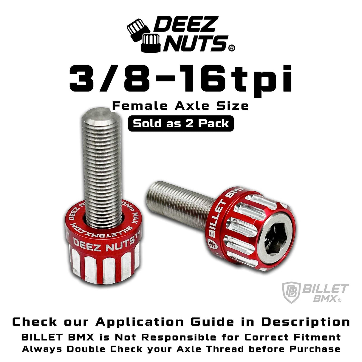 BILLET BMX™ Deez Nuts™ 12 Point Volcano Bolts for Female Hubs 3/8"-16 tpi Titanium (2 Pack) Bicycle Axle Nut BIL-DZBLT-38X16-12-RED