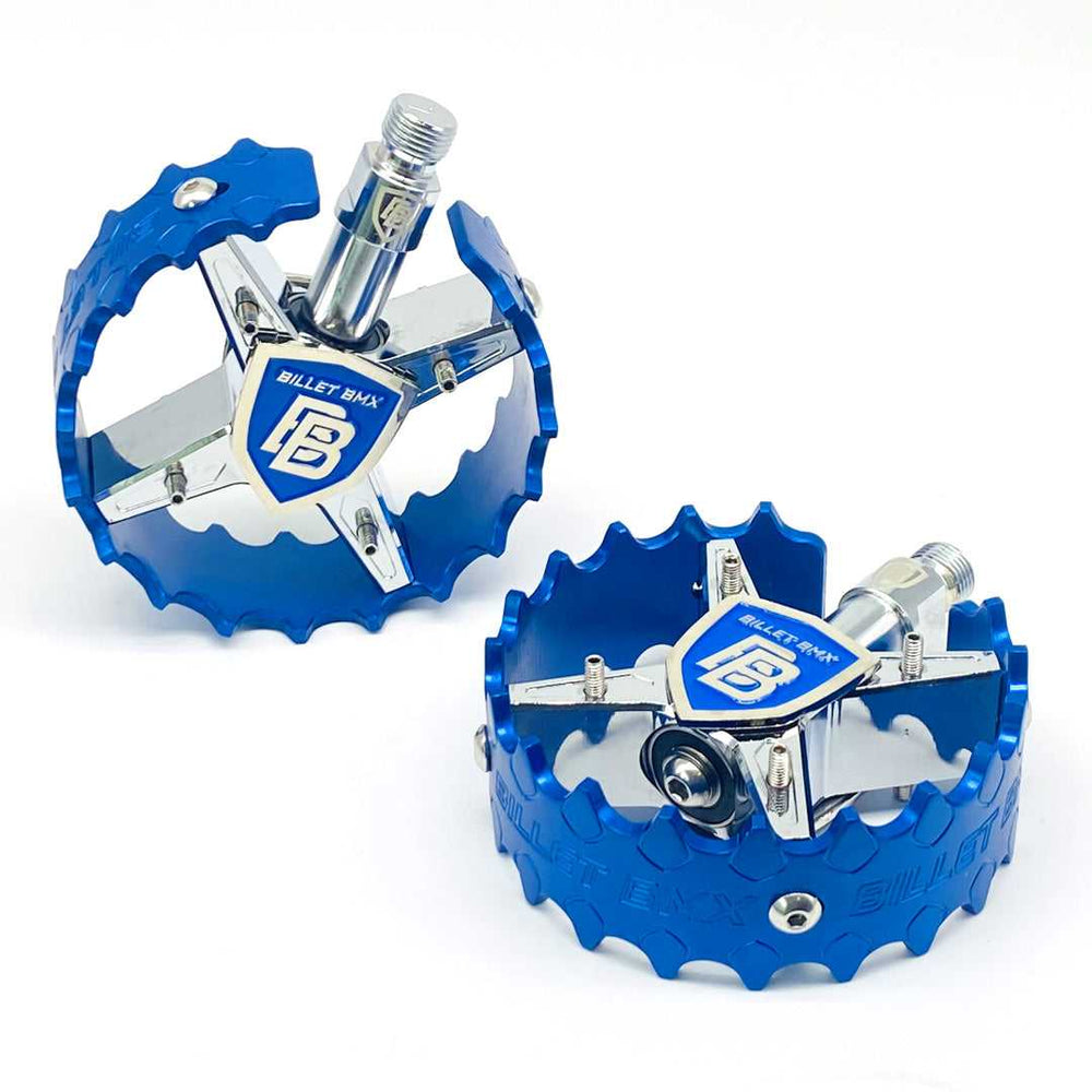 BILLET BMX SHIELD CHROME PRO SERIES ROUND PEDAL SET 9/16 PEDALS BIL-PED-RND-SHIELD-CHR-RED