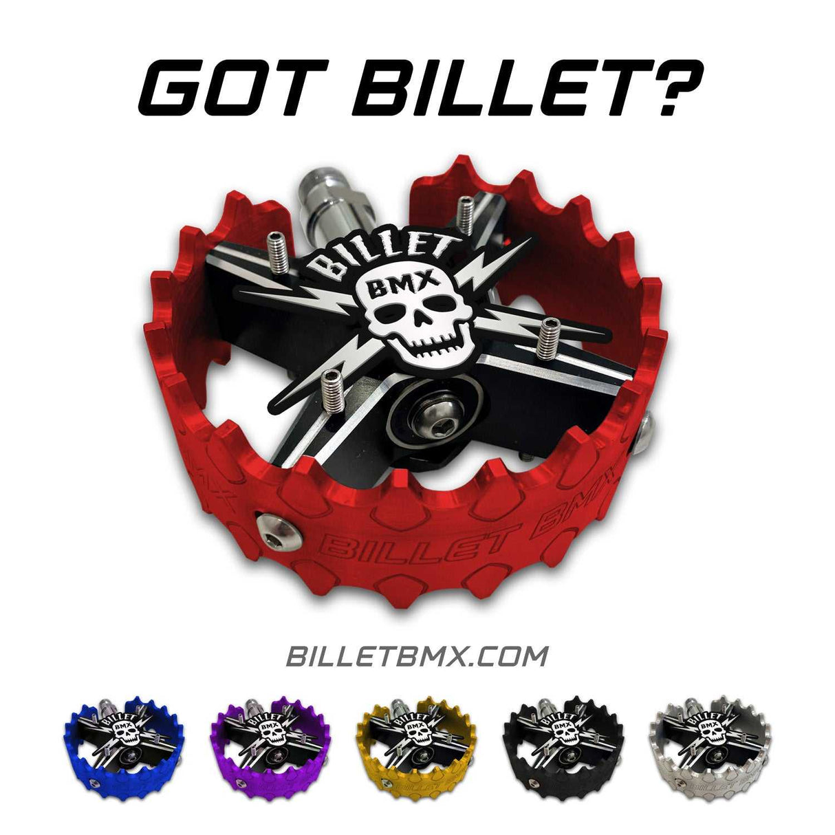 BILLET BMX SKULL BLACKOUT PRO SERIES ROUND PEDAL SET 9/16 PEDALS BIL-PED-RND-SKULL-BLKM-RED