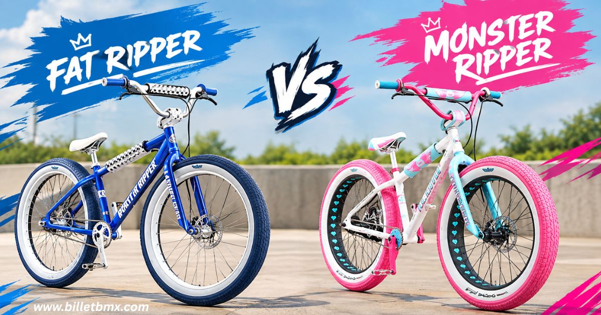 Fat Ripper vs Monster Ripper bikes side by side in a colorful outdoor comparison