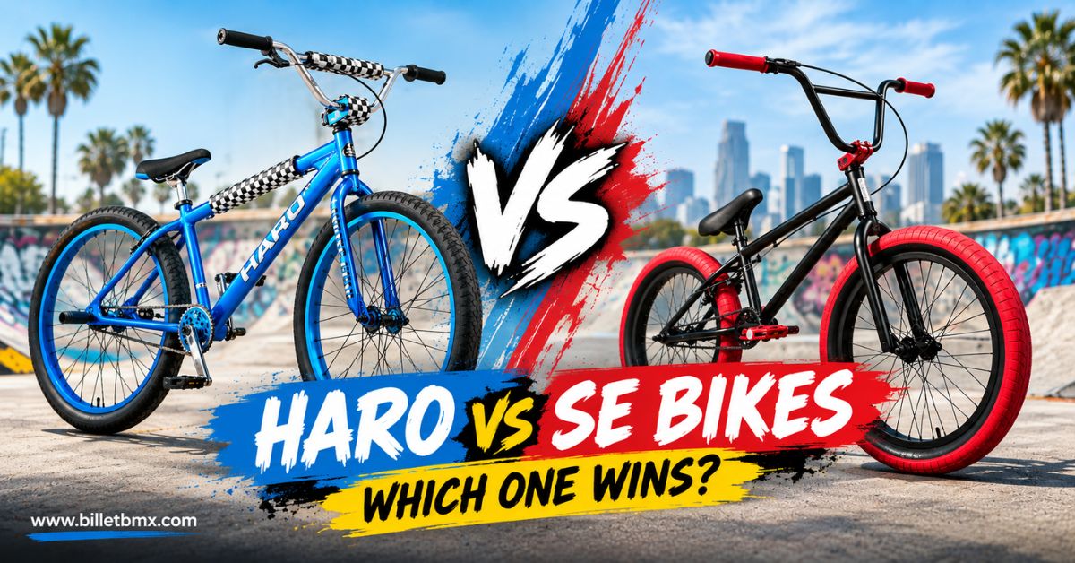 Haro vs SE Bikes BMX comparison featuring blue and black-red BMX bikes at a sunny skatepark
