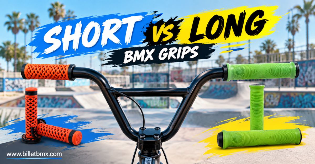 Short vs long BMX grips comparison with orange and green grips on a BMX handlebar at a sunny skatepark.