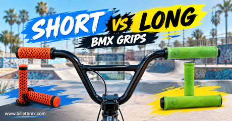 Short vs long BMX grips comparison with orange and green grips on a BMX handlebar at a sunny skatepark.