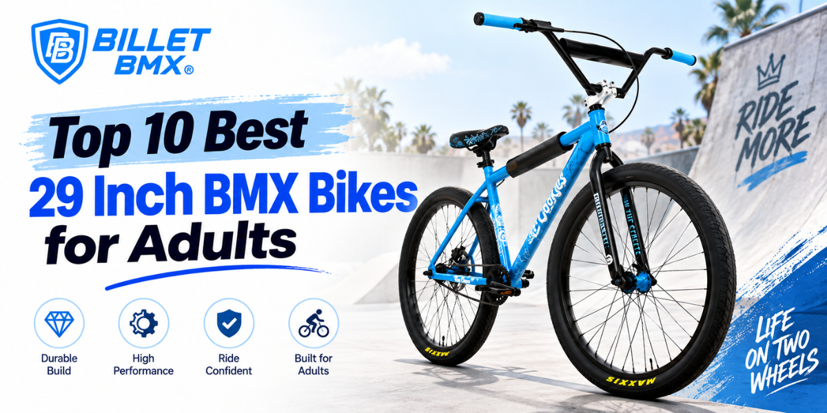 Top 10 best 29-inch BMX bikes for adults featuring a blue Billet BMX bike.