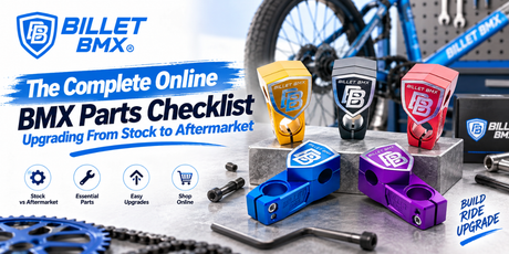 Billet BMX parts and colorful bike stems for upgrading from stock to aftermarket components.