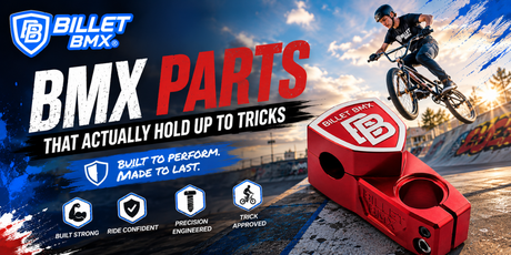 Billet BMX freestyle BMX parts featured in a skatepark with a rider performing an aerial trick, showcasing durable CNC-machined components built for aggressive freestyle riding