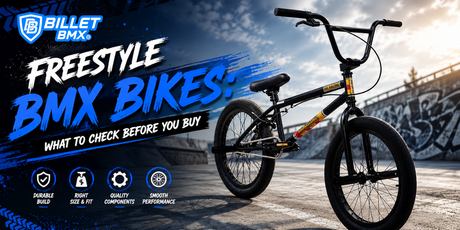 Freestyle BMX bike displayed in a dramatic urban skatepark setting with bold blue and white text reading “Freestyle BMX Bikes: What to Check Before You Buy.”