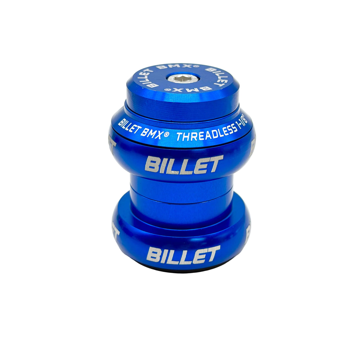 A blue anodized metal bicycle headset with white lettering, including the brand name 'BILLET' and 'BILLET BMX THREADLESS TAPER'.