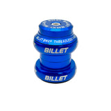 A blue anodized metal bicycle headset with white lettering, including the brand name 'BILLET' and 'BILLET BMX THREADLESS TAPER'.