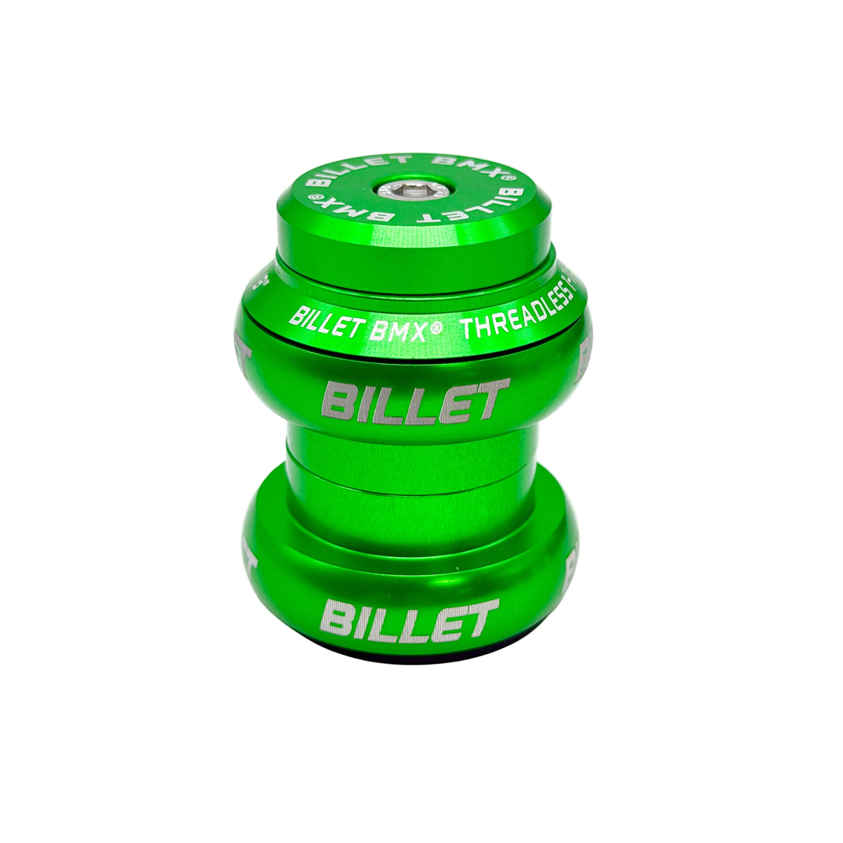 A bright green anodized aluminum bicycle headset component with white printed text reading 'BILLET' and 'BILLET BMX THREADLESS', shown on a clean white background.