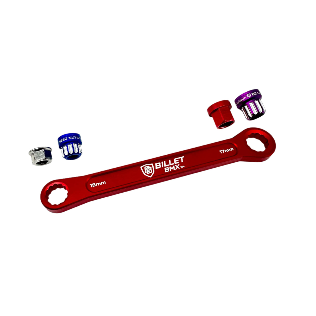 BILLET BMX DEEZ NUTS BILLET ALUMINUM BIKE AXLE NUT WRENCH 15mm & 17mm BIL-WRENCH-15MM-17MM-RED