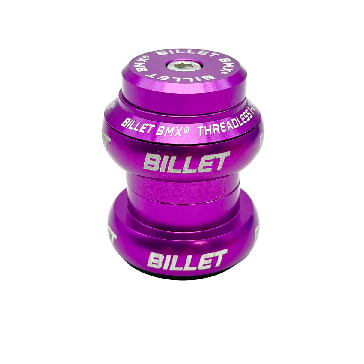 A purple anodized bicycle headset from Billet BMX, featuring white printed branding and text, shown on a clean white background.