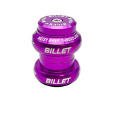 A purple anodized bicycle headset from Billet BMX, featuring white printed branding and text, shown on a clean white background.