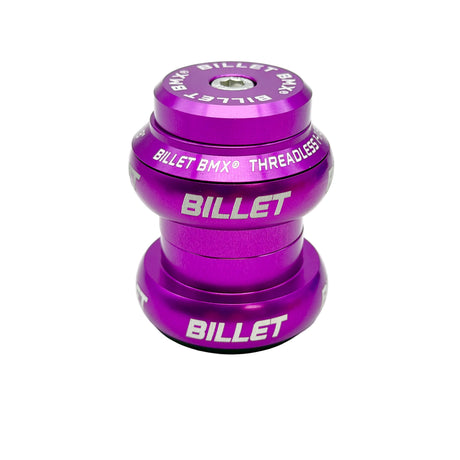 A purple anodized bicycle headset from Billet BMX, featuring white printed branding and text, shown on a clean white background.