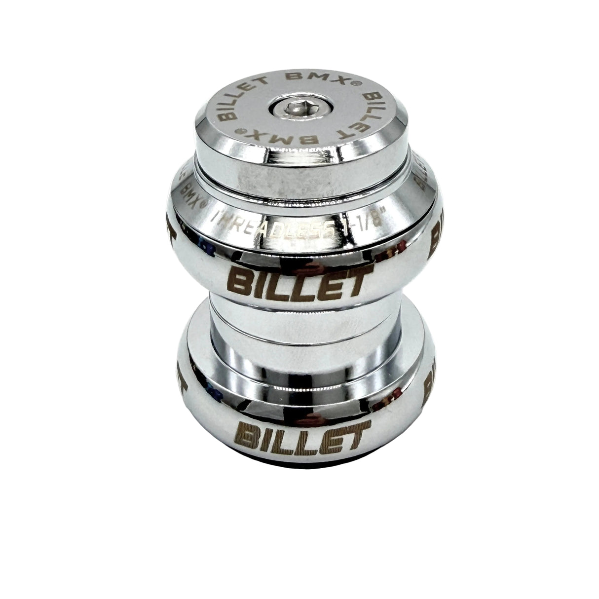 A shiny chrome metallic bicycle headset with 'BILLET' engraved on the sides, photographed on a white background.