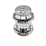 A shiny chrome metallic bicycle headset with 'BILLET' engraved on the sides, photographed on a white background.
