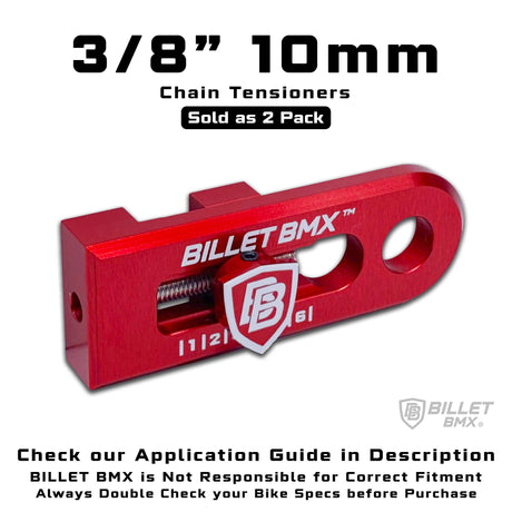 BILLET BMX CHAIN TENSIONERS 3/8" 10mm AXLE PAIR CHAIN TENSIONERS BIL-TENSIONER-38-RED