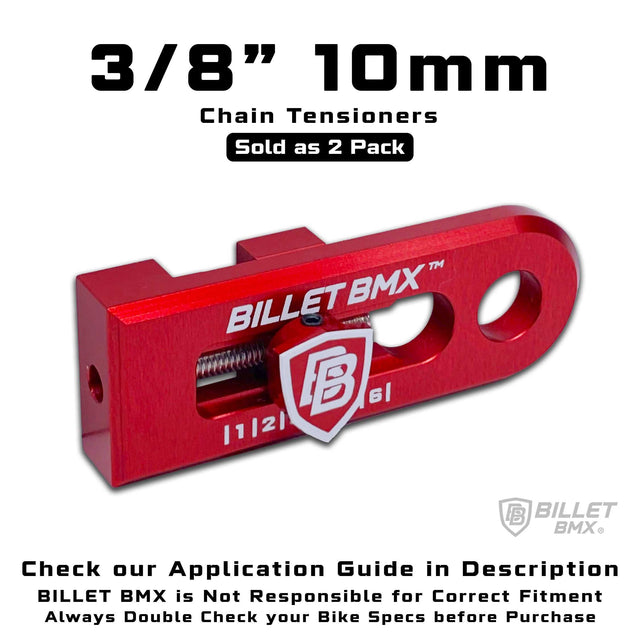 BILLET BMX CHAIN TENSIONERS 3/8" 10mm AXLE PAIR CHAIN TENSIONERS BIL-TENSIONER-38-RED