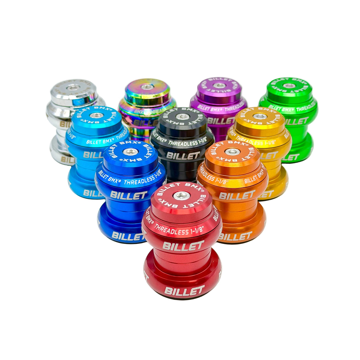 A set of colorful bicycle headset cups stacked in a pyramid arrangement on a white background. The set includes various solid colors like blue, red, orange, green, purple, silver, black, and a metallic iridescent finish, all branded with 'BILLET'.
