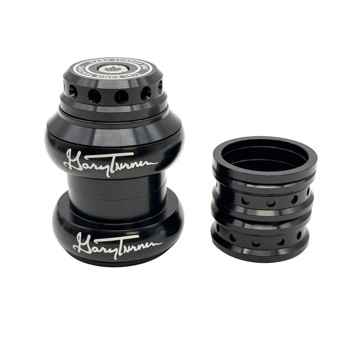 A black metal bicycle headset and matching spacer ring set, featuring the brand name 'Gary Turner' in white script on the main components, photographed on a clean white background.