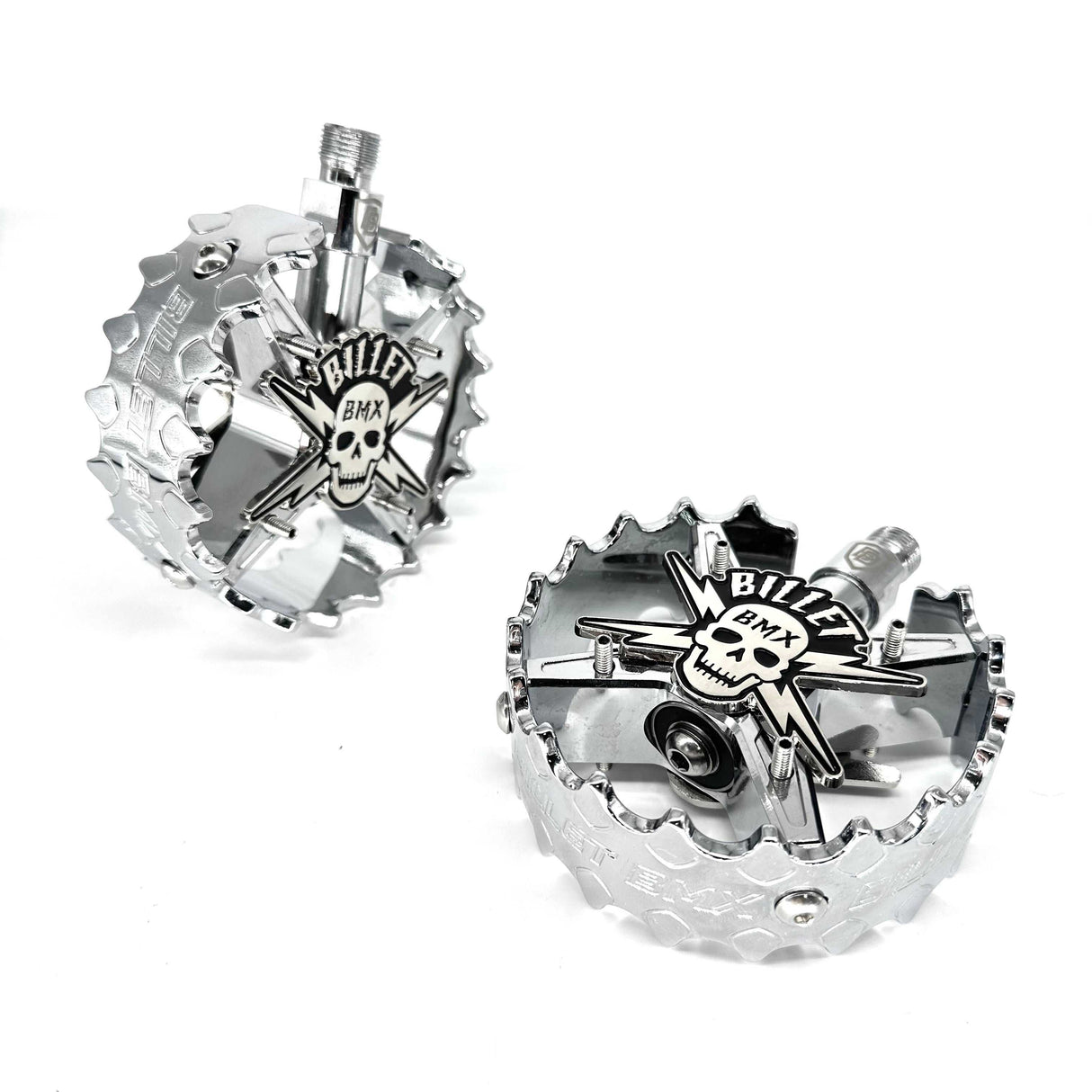 BILLET BMX SKULL CHROME PRO SERIES ROUND PEDAL SET 9/16 PEDALS BIL-PED-RND-SKULL-CHR-RED