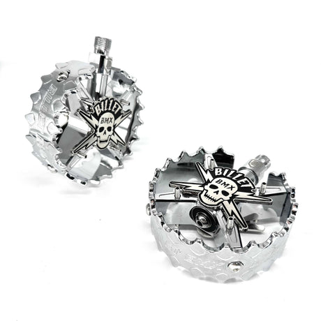 BILLET BMX SKULL CHROME PRO SERIES ROUND PEDAL SET 9/16 PEDALS BIL-PED-RND-SKULL-CHR-RED