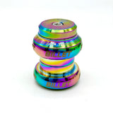 An oil slick metal bicycle headset from Billet BMX, featuring white printed branding and text, shown on a clean white background.