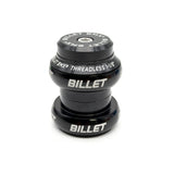 A black Billet BMX threadless headset, model 1-1/8, shown on a clean white background. The headset features white printed branding and text on its anodized metal components.