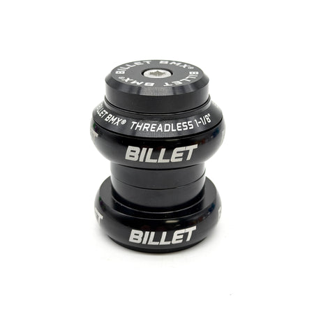 A black Billet BMX threadless headset, model 1-1/8, shown on a clean white background. The headset features white printed branding and text on its anodized metal components.