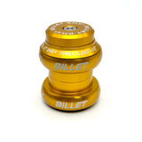 A gold anodized metal bicycle headset from Billet BMX, featuring white printed branding and text, shown on a clean white background.