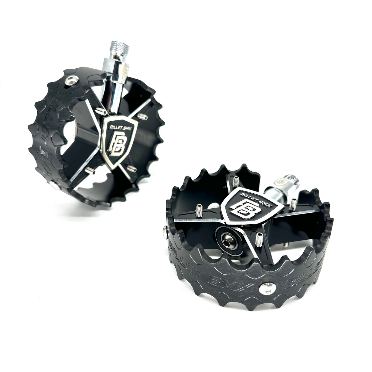 BILLET BMX SHIELD BLACKOUT PRO SERIES ROUND PEDAL SET 9/16 PEDALS BIL-PED-RND-SHIELD-BLKM-RED