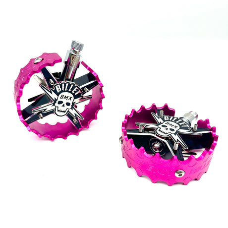 BILLET BMX SKULL BLACKOUT PRO SERIES ROUND PEDAL SET 9/16 PEDALS BIL-PED-RND-SKULL-BLKM-RED