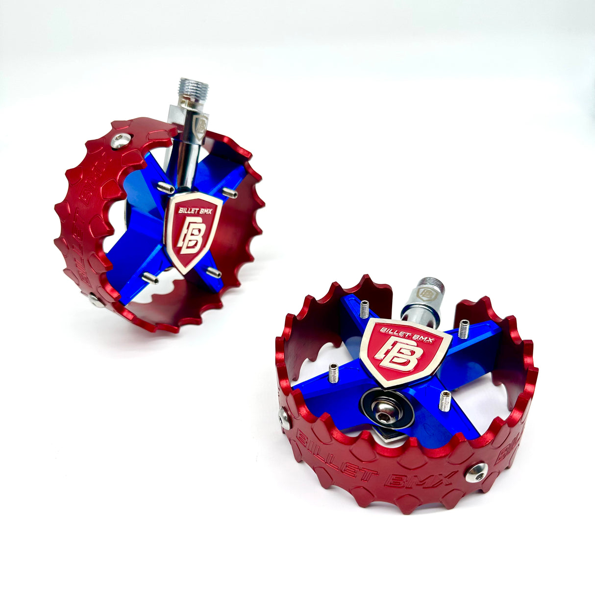 BILLET BMX SHIELD PATRIOT PRO SERIES ROUND PEDAL SET 9/16 PEDALS BIL-PED-RND-SHIELD-BLU-RED