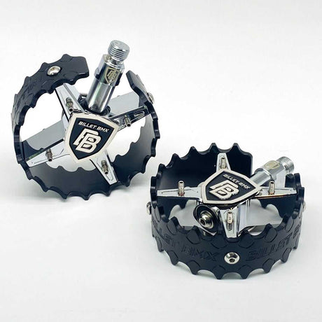 BILLET BMX SHIELD CHROME PRO SERIES ROUND PEDAL SET 9/16 PEDALS BIL-PED-RND-SHIELD-CHR-RED