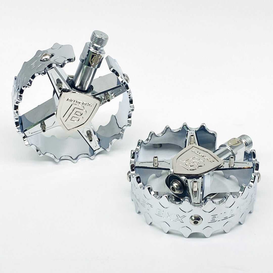 BILLET BMX SHIELD CHROME PRO SERIES ROUND PEDAL SET 9/16 PEDALS BIL-PED-RND-SHIELD-CHR-RED