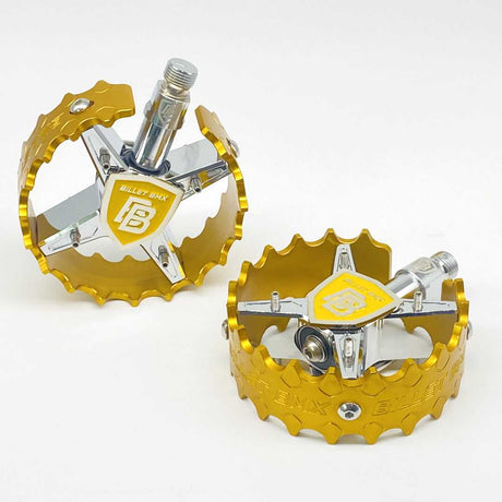 BILLET BMX SHIELD CHROME PRO SERIES ROUND PEDAL SET 9/16 PEDALS BIL-PED-RND-SHIELD-CHR-RED