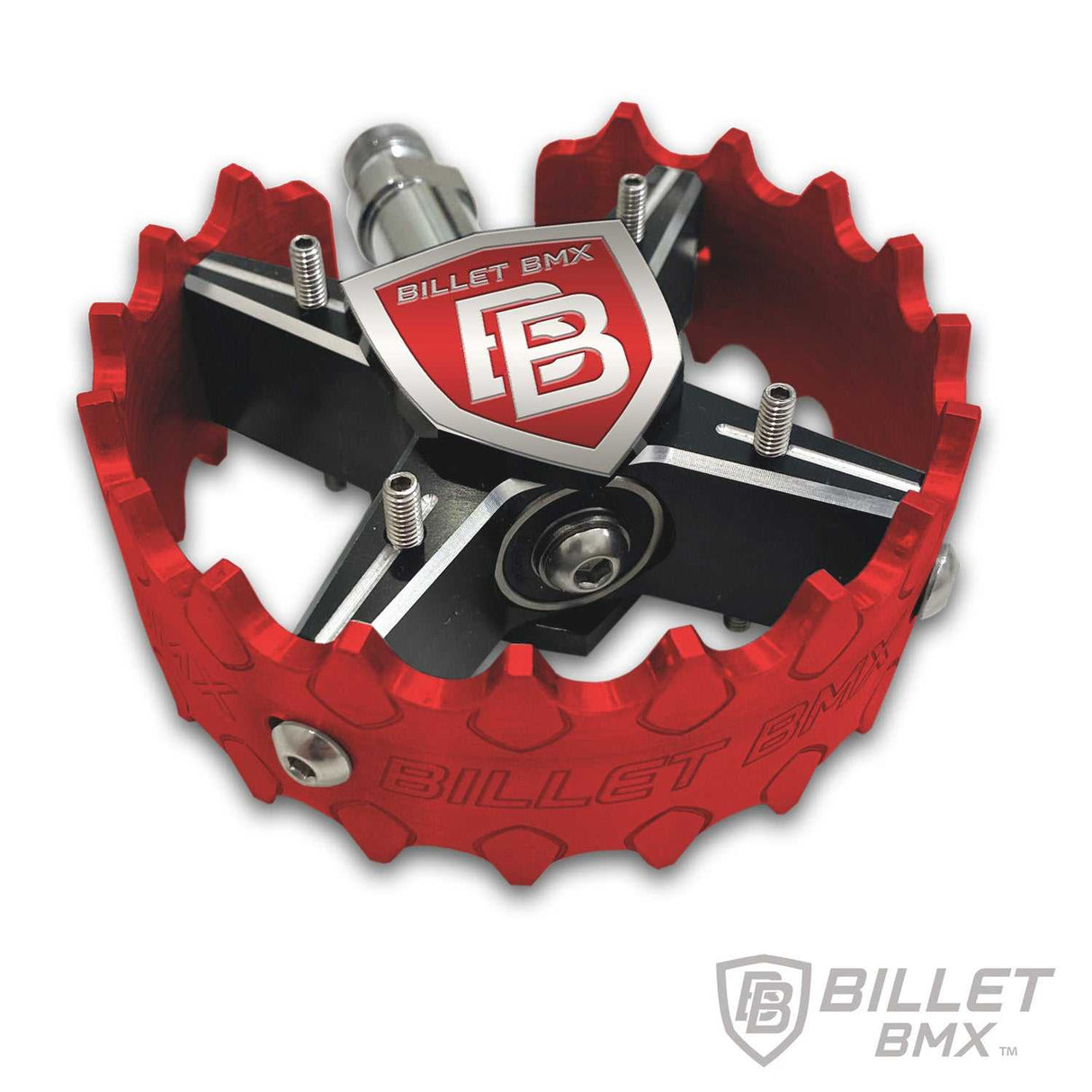 BILLET BMX SHIELD BLACKOUT PRO SERIES ROUND PEDAL SET 9/16 PEDALS BIL-PED-RND-SHIELD-BLKM-RED