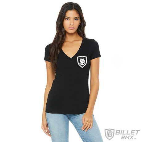 WOMEN'S BILLET BMX SHIELD LOGO SHORT SLEEVE DEEP V-NECK T-SHIRT BIL-VNECK-W-1-BLK-S
